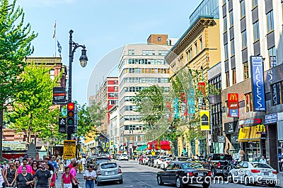 Central Saint Catherine Street in Montreal downtown Editorial Stock Photo