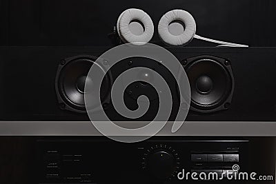 Central speakers and stereo amplifier with digital equalizer from a 7.1 THX Hi-Fi sound system Stock Photo