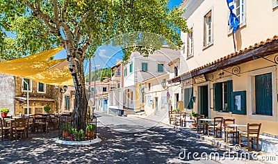 Central square of Lakones Village, Paleokastritsa, Corfu island, Greece Stock Photo