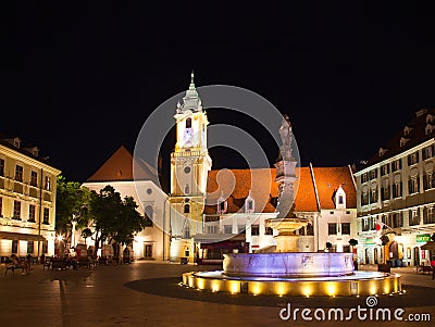 Central square at night in Bratislava. Editorial Stock Photo