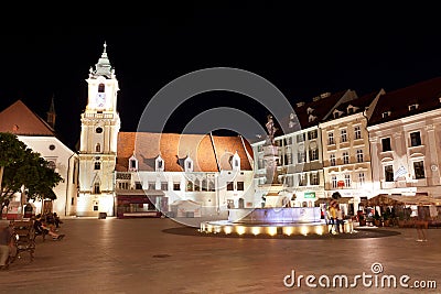 Central square at night in Bratislava, Slovakia Editorial Stock Photo