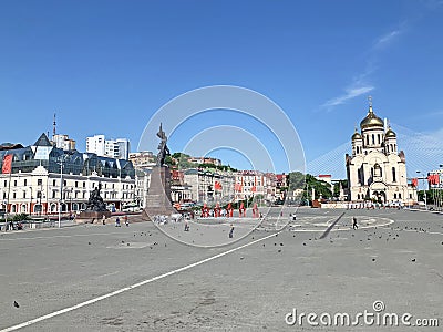 Vladivostok, Russia, July, 13, 2020. Central square of Vladivostok - the square of the Revolution Fighters is decorated for the Editorial Stock Photo