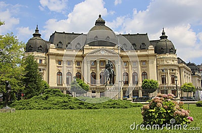 The Central University Library with statue of Carol I, first ki Stock Photo