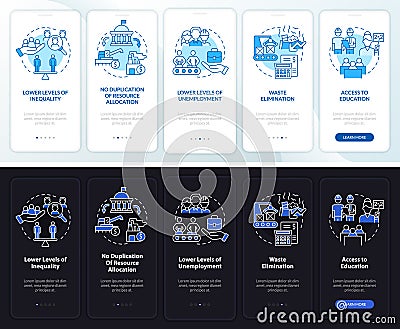 Centrally planned ES pros night, day mode onboarding mobile app screen Vector Illustration