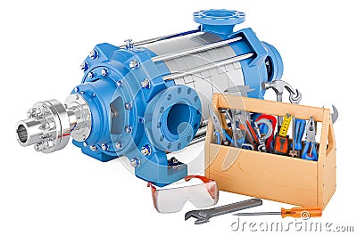 Centrifugal pump with toolbox. Service and repair of horizontal multistage pump, 3D rendering Stock Photo