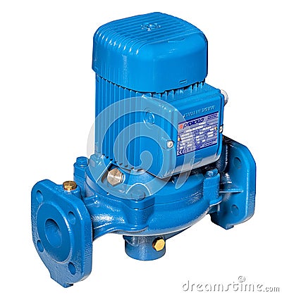 Single stage non self priming Pedrollo centrifugal circulation pump isolated on white background. 05.16,2023. Kyiv. Ukraine Editorial Stock Photo