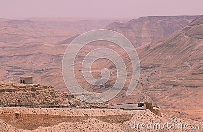 An aerial mountainous view of the Kings Highway in Jordan Stock Photo