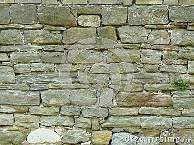 Stone fence. Century old wall made of stone blocks and green grass. Stock Photo