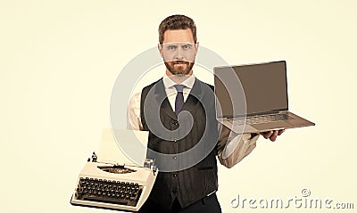 ceo comparing old and modern technology. boss isolated on white. businessman hold vintage typewriter Stock Photo