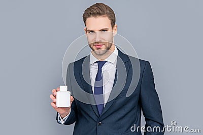 CEO offer painkiller. Businessman promoting medicine pill. Healthcare business. Antidepressant and painkiller for Stock Photo