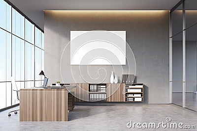 CEO office with dark wooden furniture, panoramic window, a glass wall and a poster on a gray concrete wall. Stock Photo