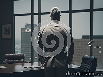 CEO in meeting room looking out the window seeing the night generative AI Stock Photo
