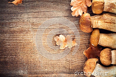 Ceps mushroom. Boletus on wooden rustic table Stock Photo