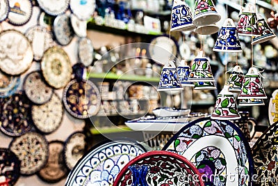 Ceramic bells as souvenir from Jerusalem, Israel. Stock Photo