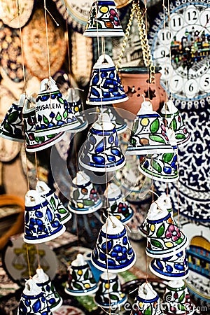 Ceramic bells as souvenir from Jerusalem, Israel. Stock Photo