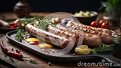 Ceramic board with delicious sausages fried on fire.Generative AI Stock Photo