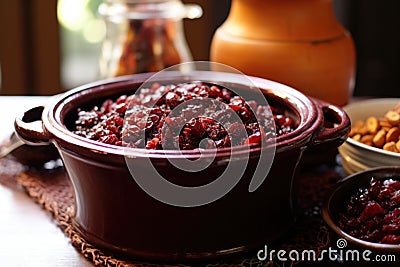 ceramic bowl filled with homemade cranberry chutney Stock Photo