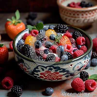 ceramic bowl with fresh summer berries and sweet honey-yogurt. Stock Photo