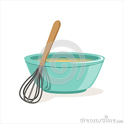 Ceramic bowl full of freshly prepared dough vector and whisk Illustration Vector Illustration