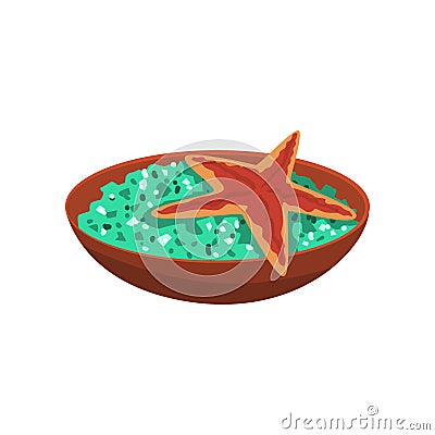 Ceramic bowl with green salt and marine starfish. Spa and beauty treatment concept. Flat vector element for brochure Vector Illustration