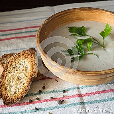 Ceramic bowl with mushroom soup puree with bread Stock Photo