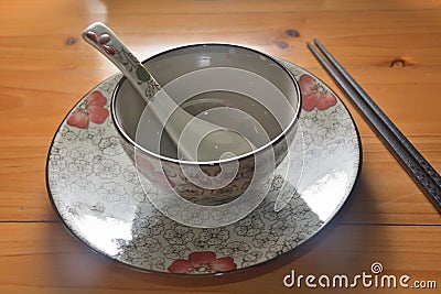 ceramic Chinese bowl dish spoon set Stock Photo
