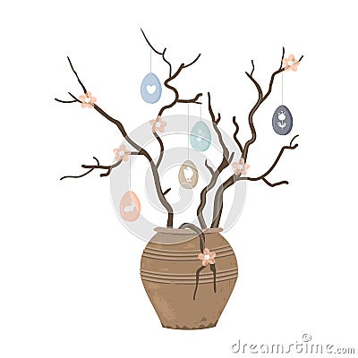 Ceramic clay vase and spring twigs with flowers and Easter eggs isolated on white background. Springtime interior Vector Illustration