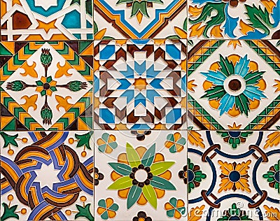 Ceramic colorful tiles on wall with traditional patterns. Arabic influence in spanish and portuguese artworks Stock Photo