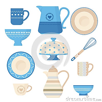 Ceramic cookware. Kitchen utensils trendy decorative tools plating bowl handmade dishes teapots cups and mugs vector Vector Illustration