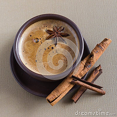 Coffee, coffee beans, spices, star anise, cinnamon, sugar, canvas Stock Photo