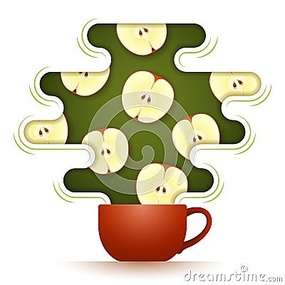 Ceramic cup of hot flavored fruit tea with apple slices Vector Illustration