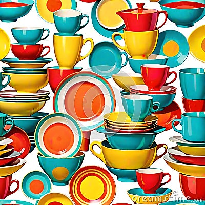 Ceramic 1960 dinnerware dish cup plate colorful Cartoon Illustration