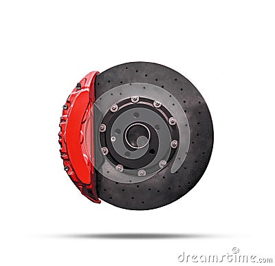 Ceramic disc brake with red caliper isolated on a white background Stock Photo