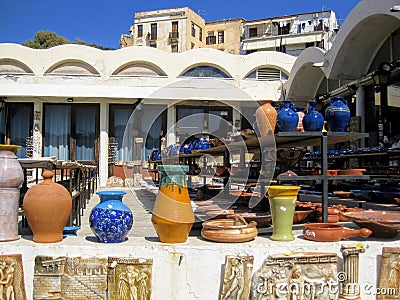 Ceramic dishes sold at the street market in the city of Chania. Crete Editorial Stock Photo