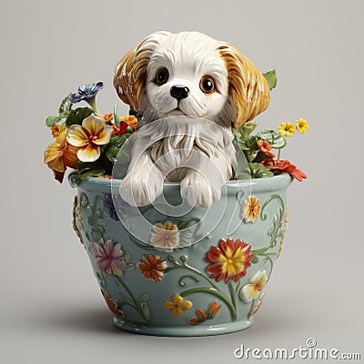 Ceramic Flower Pot With Playful Dog Design Cartoon Illustration