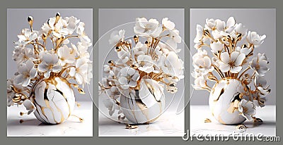 Ceramic flowers, futuristic, gold, white gradient background, marble texture, bright canvas wall decor Stock Photo
