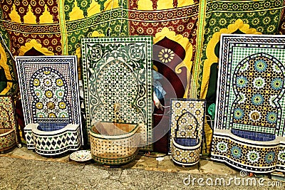 Ceramic fountains for sale at a market stall Stock Photo