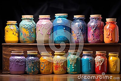 ceramic glazes and paints in colorful jars Stock Photo