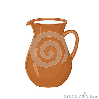 Ceramic jug full of milk Isolated on white background. Vector illustration of brown clay pitcher with fresh dairy drink Vector Illustration