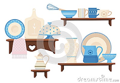 Ceramic kitchen cookware. Cafe restaurant equipment decorative handmade colored dishes mugs teapots plating vector Vector Illustration