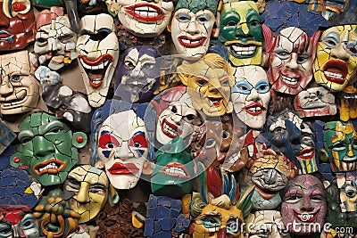 Ceramic masks on display at a market in the city of Salvador, Bahia, Brazil Cartoon Illustration