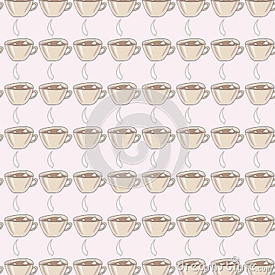 Ceramic paillette with contour drawn with cocoa drink and marshmallow gray smoke bar on light coffee background seamless pattern i Vector Illustration