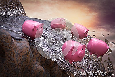 Ceramic pigs fall from a waterfall at sunset magenta day demonstrating saving money failure concept. 3D Illustration. Stock Photo