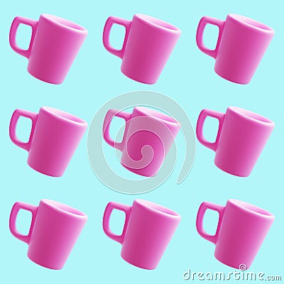Ceramic Pink Mugs Pattern, 3d rendering, Coffee Cup Stock Photo