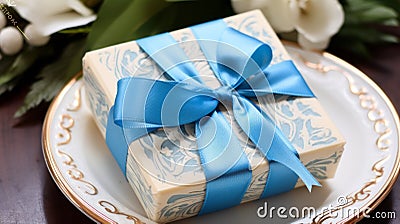 Elegant Rococo-inspired Wedding Gift With Blue Ribbon Stock Photo