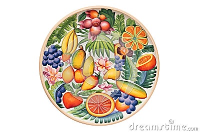 Ceramic Plate With Vibrant Mosaic Of Tropical Fruits And Flowers Stock Photo