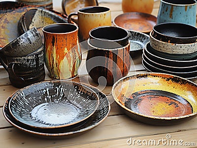 ceramic plates and bowls colored in yellow-brown and grey-white Stock Photo