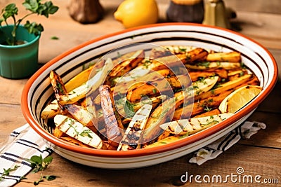ceramic platter with grilled carrots and parsnips jumbled together Stock Photo