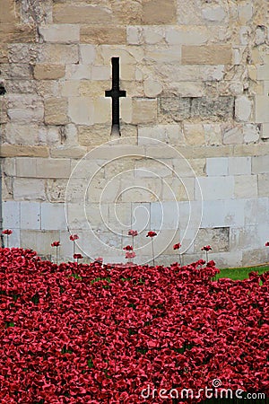 Ceramic poppies at Tower of London Editorial Stock Photo