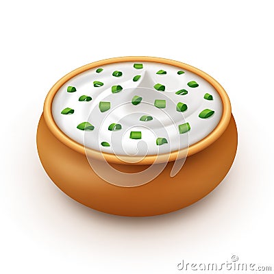 Ceramic Pot of Sour Cream Sauce Tartar Mayonnaise with Chopped Green Onion Close up on Background Vector Illustration